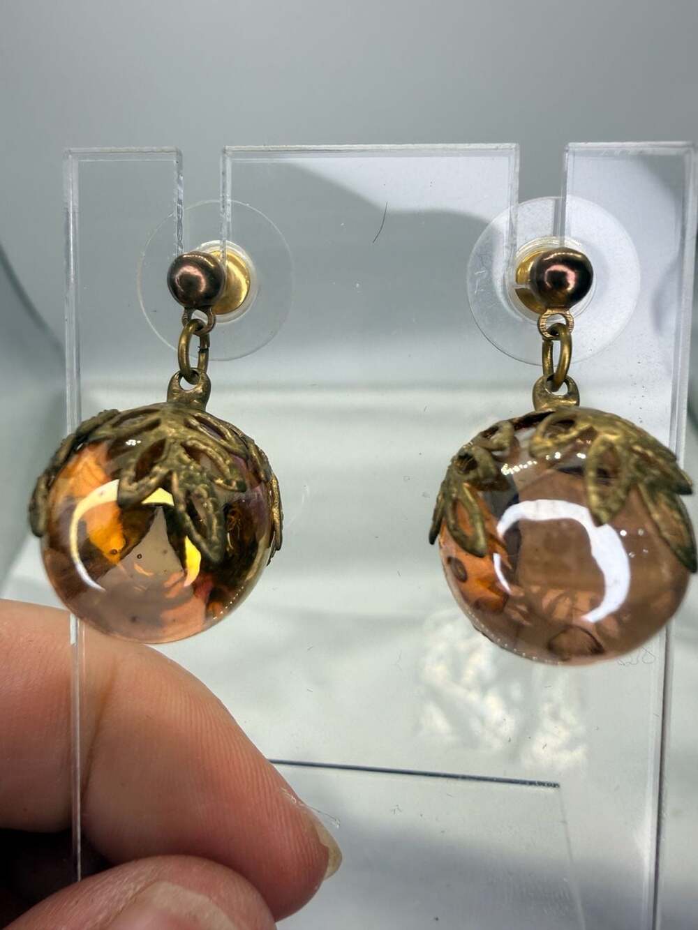 Vintage Brass Leaf Filigree Peach Glass Ball Dangle Earrings